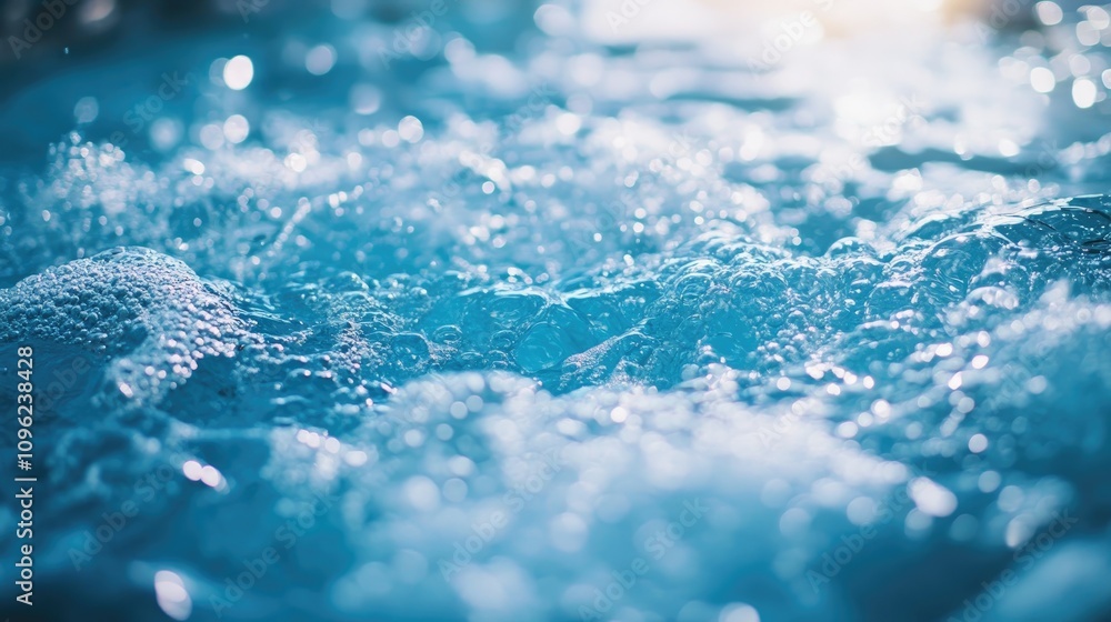 Obraz premium Bubbling blue water in a hot tub close-up, highlighting headrests and creating a serene, calming spa atmosphere with therapeutic vibes.
