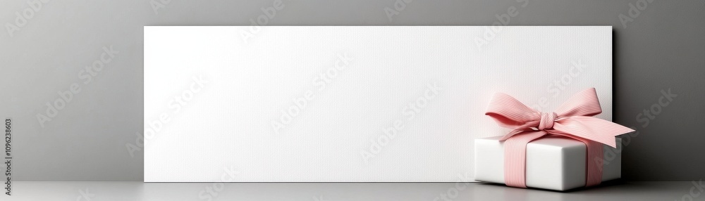 A minimalist display featuring a white gift box with a pink ribbon against a simple gray background, perfect for celebration themes. A minimalist display featuring a white gift box with a pink ribbon against a simple gray background, perfect for celebration themes.