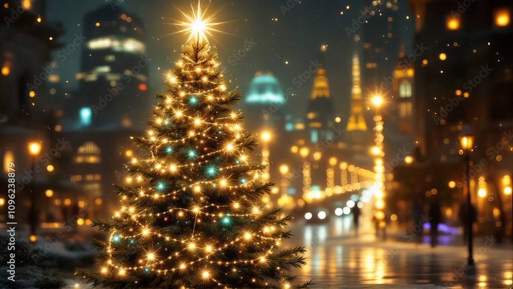 City at night, a Christmas tree silhouette, lit. AI art. City at night, a Christmas tree silhouette, lit. AI art.