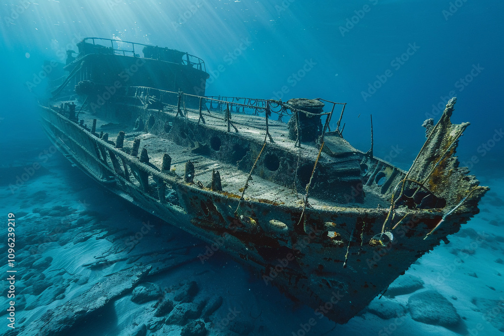 Underwater view of an sunken ship on seabed with fish swimming around Underwater view of an sunken ship on seabed with fish swimming around