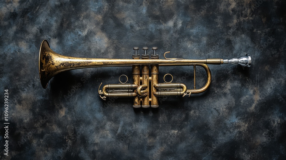 Obraz premium Rustic Brass Trumpet Against a Dark Textured Background