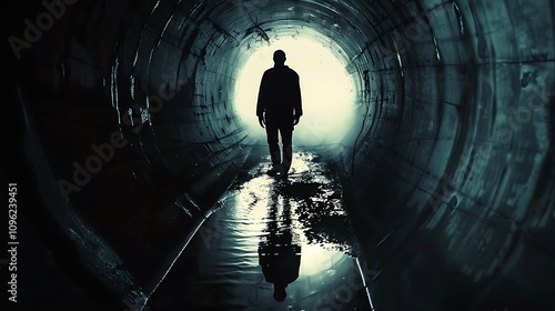 A solitary figure walks through a dark tunnel, casting a long shadow, with light at the end creating a mysterious atmosphere.