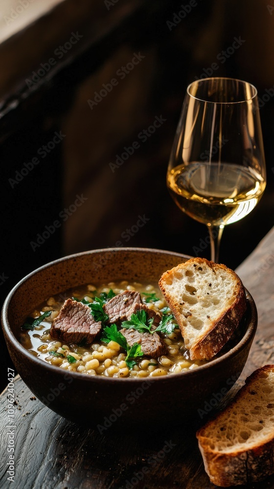 Savoring steak and barley soup in a wide-rimmed bowl a comforting culinary experience in a cozy setting Savoring steak and barley soup in a wide-rimmed bowl a comforting culinary experience in a cozy setting