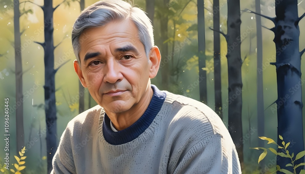Senior portrait headshot of Hispanic male in grey sweater with serene forest background Senior portrait headshot of Hispanic male in grey sweater with serene forest background