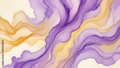 Elegant pastel alcohol ink design with flowing lavender and soft yellow lines, capturing a breeze