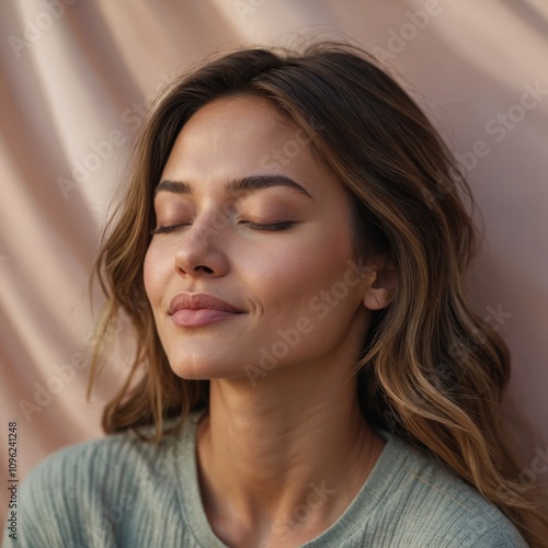 A woman with long hair and closed eyes, her face serene and peaceful as she dreams. The soft lighting and calm expression evoke a sense of tranquility and introspection