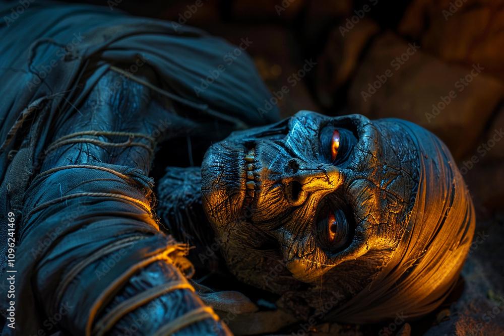 Scary mummy wandering in street with dramatic lighting on Halloween Scary mummy wandering in street with dramatic lighting on Halloween