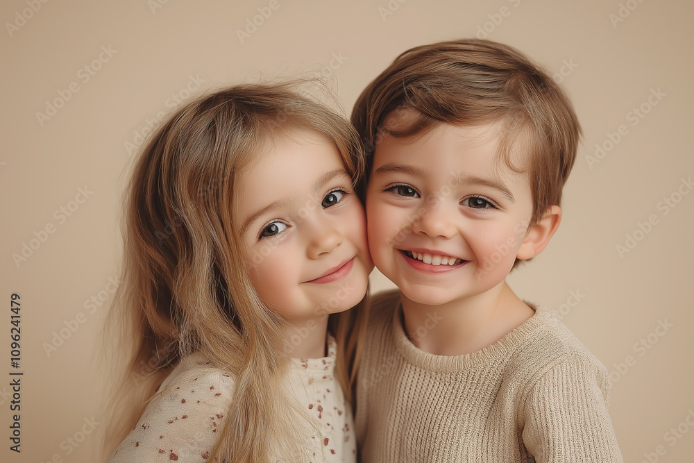 Adorable Young Boy and Girl Smiling Together in Neutral Background, Valentine’s Day Concept Adorable Young Boy and Girl Smiling Together in Neutral Background, Valentine’s Day Concept
