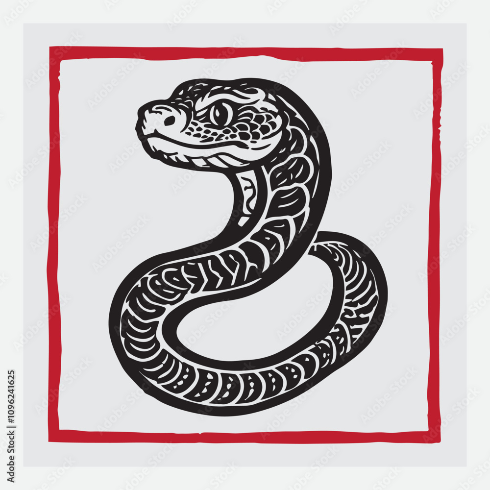 Traditional Asian New Year Art with Contemporary Bold Design. Traditional Chinese Zodiac Animal in Bold Black and Red. Year of the Snake: Ancient Chinese Zodiac Symbol in Modern Woodcut Style. Traditional Asian New Year Art with Contemporary Bold Design. Traditional Chinese Zodiac Animal in Bold Black and Red. Year of the Snake: Ancient Chinese Zodiac Symbol in Modern Woodcut Style.