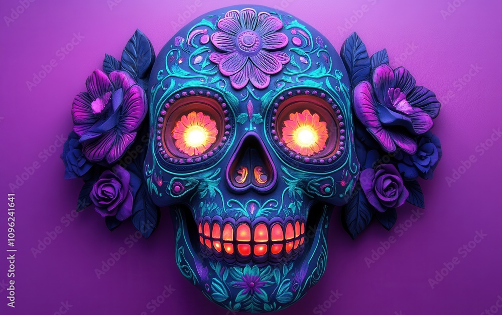 Vibrant Sugar Skull with Intricate Floral Design: A Day of the Dead Artistic Representation Vibrant Sugar Skull with Intricate Floral Design: A Day of the Dead Artistic Representation
