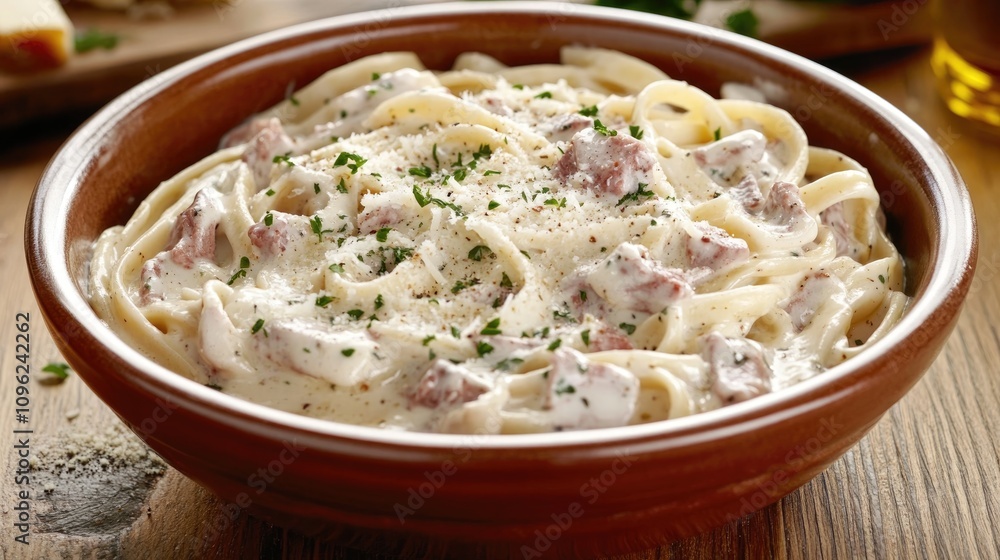 Creamy Alfredo Linguine topped with Parmesan and fresh parsley served in a rustic ceramic bowl against a wooden backdrop Creamy Alfredo Linguine topped with Parmesan and fresh parsley served in a rustic ceramic bowl against a wooden backdrop