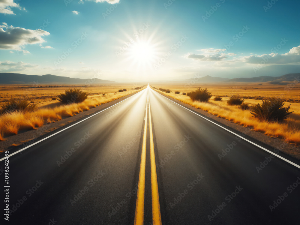 Empty asphalt road leading to bright sun in desert landscape Empty asphalt road leading to bright sun in desert landscape