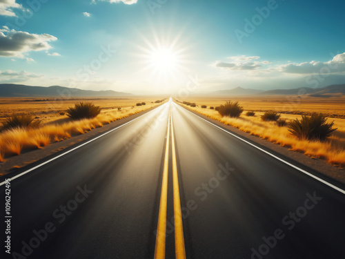 Empty asphalt road leading to bright sun in desert landscape