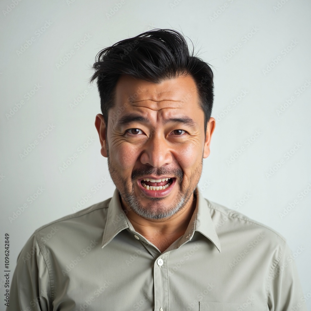Obraz premium Asian man laughing joyfully against white background, happiness