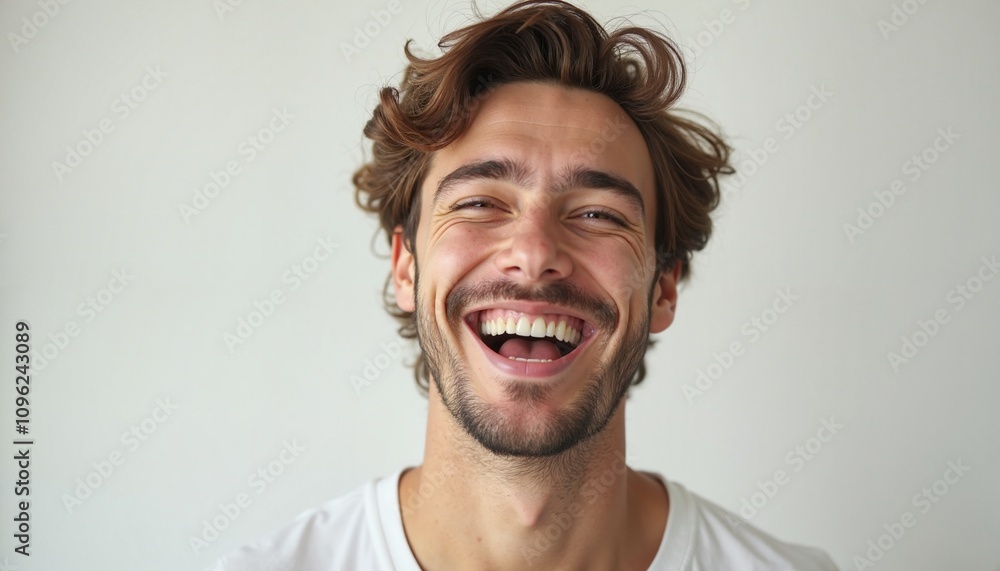 Cheerful man laughing with genuine joy, authentic happiness Cheerful man laughing with genuine joy, authentic happiness