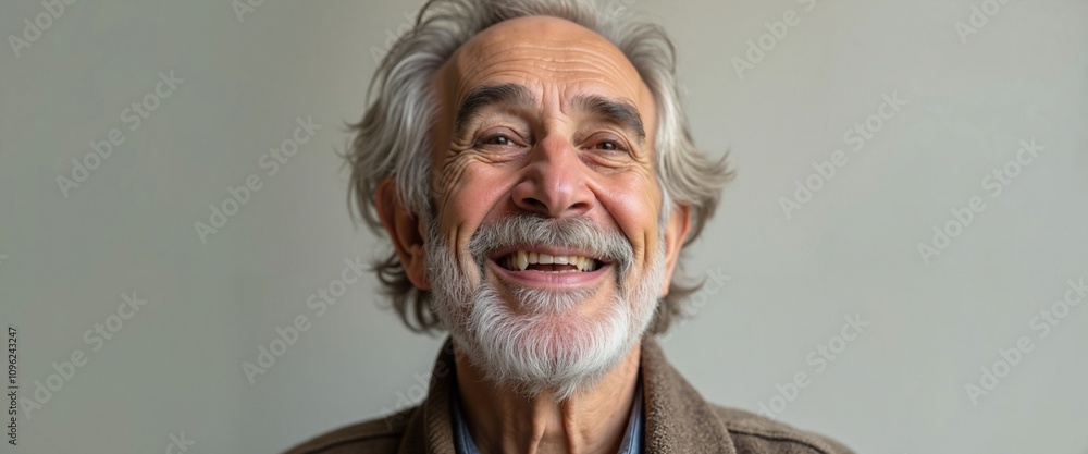 Obraz premium Cheerful senior man smiling warmly, joy in aging