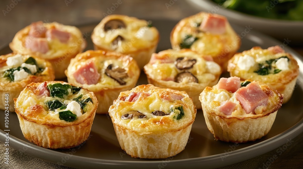 A beautifully arranged platter showcasing bite-sized quiches filled with spinach, feta, mushrooms, ham, and cheese, perfect for appetizers or party hors d'oeuvres. A beautifully arranged platter showcasing bite-sized quiches filled with spinach, feta, mushrooms, ham, and cheese, perfect for appetizers or party hors d'oeuvres.