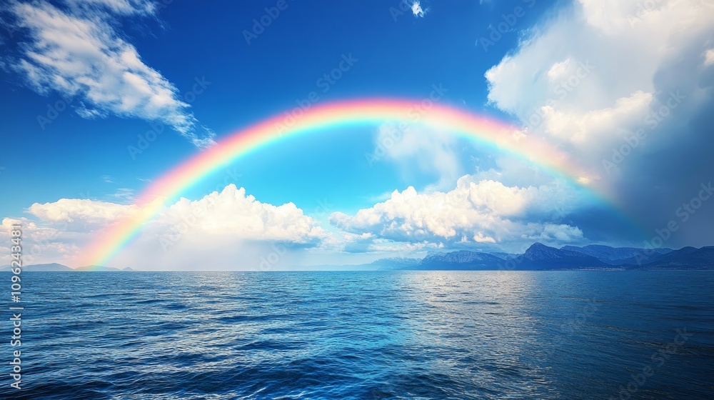 Vibrant rainbow arching over a calm ocean and mountain range under a partly cloudy sky. Vibrant rainbow arching over a calm ocean and mountain range under a partly cloudy sky.