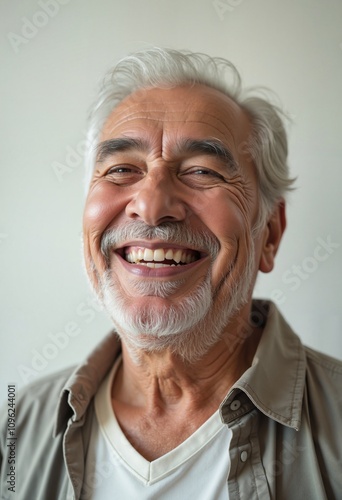 Elderly man laughing heartily against plain wall, joy in aging