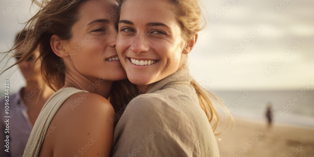 Two young women in love hugging on the beach, close-up portrait of lesbians. Generative AI. Two young women in love hugging on the beach, close-up portrait of lesbians. Generative AI.