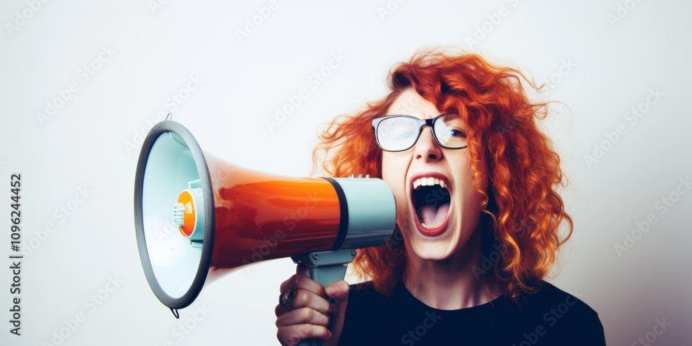 Fototapeta premium A young girl screams loudly into a bullhorn, standing against the background of a white wall. Generative AI.