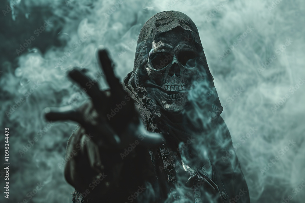 Scary grim reaper with scythe in hell on dark background with dramatic background Scary grim reaper with scythe in hell on dark background with dramatic background