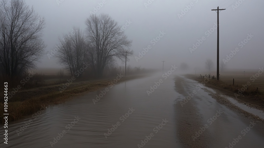 A rural road disappears into the fog on a misty day, creating a sense of mystery. A rural road disappears into the fog on a misty day, creating a sense of mystery.
