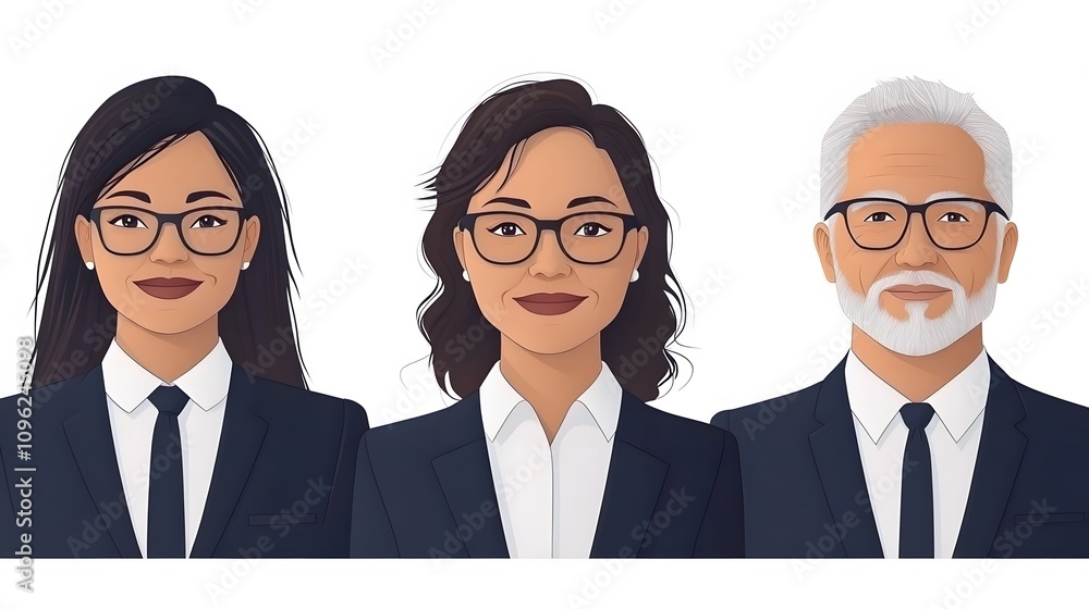 Animated business team in corporate attire smiling on a clean white backdrop Animated business team in corporate attire smiling on a clean white backdrop