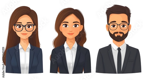 3D cartoon office professionals in formal business attire standing confidently on a white background