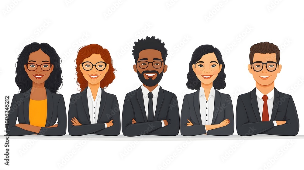 Diverse team of animated business people in formal attire on a bright white canvas Diverse team of animated business people in formal attire on a bright white canvas