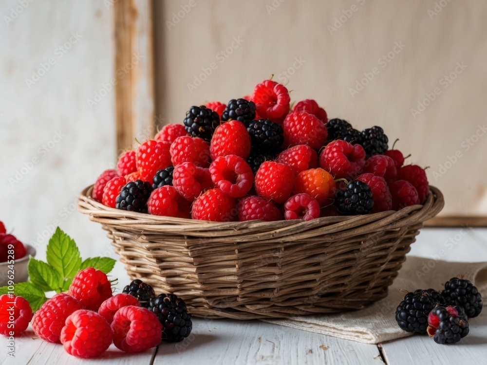 Fresh Raspberries and Blackberries Piled Together in a Colorful Display at a Local Market During Summer. Fresh Raspberries and Blackberries Piled Together in a Colorful Display at a Local Market During Summer.