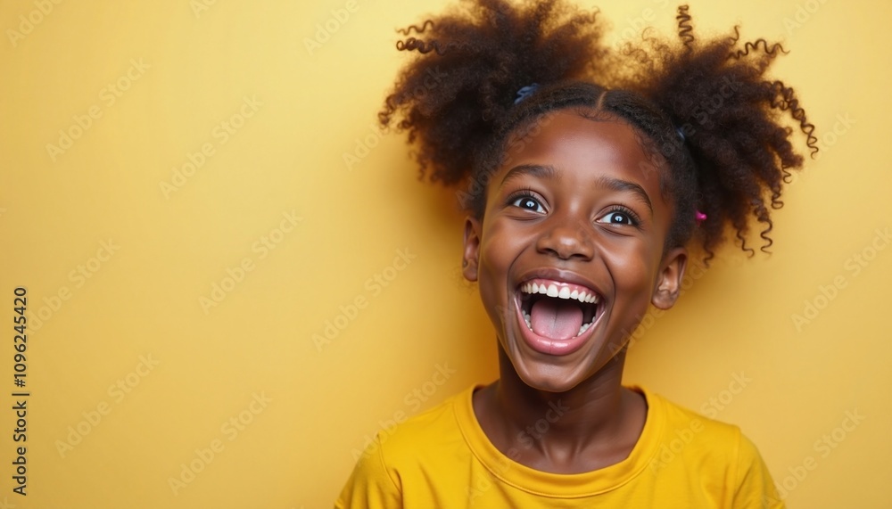 Joyful child laughing against yellow background, happiness Joyful child laughing against yellow background, happiness