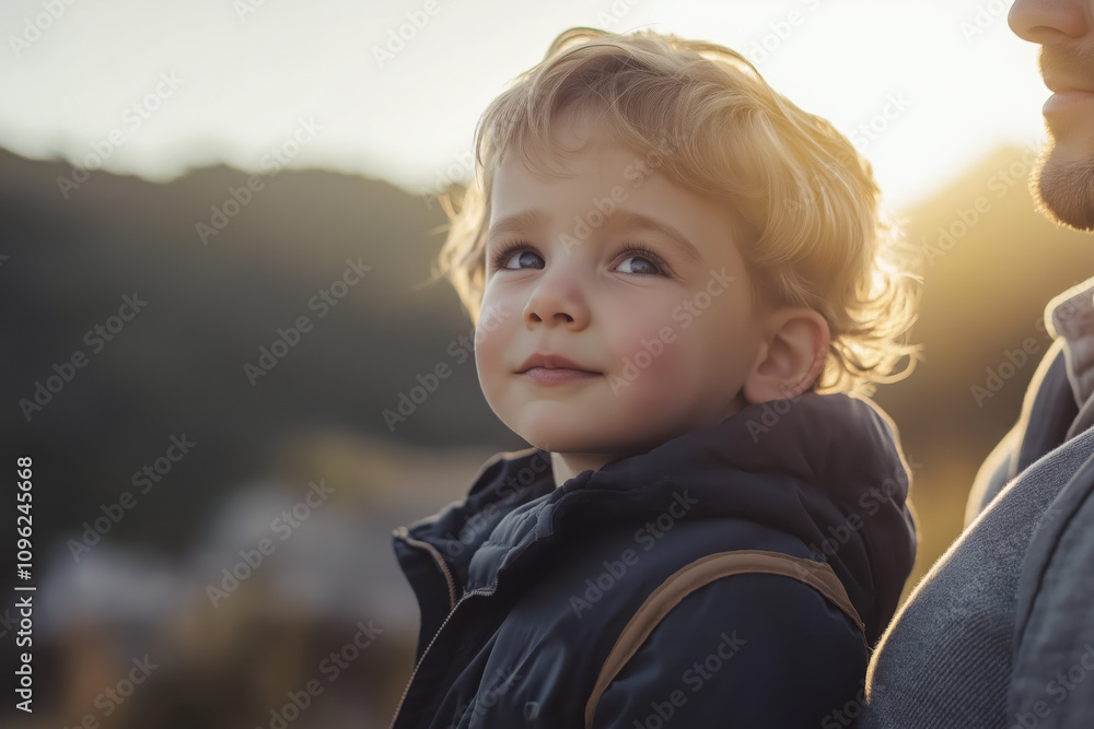 Young Boy Outdoors with Sunlit Expression, Gazing Thoughtfully with Family. Young Boy Outdoors with Sunlit Expression, Gazing Thoughtfully with Family.