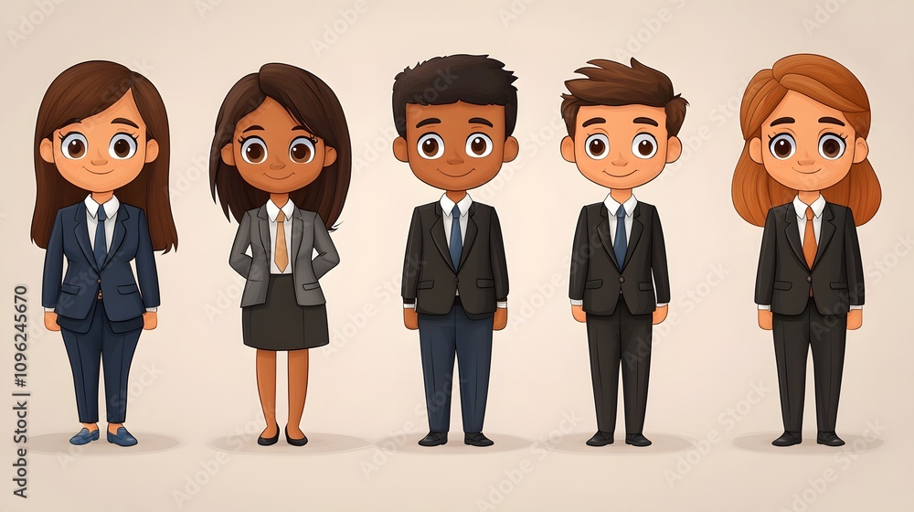 Cartoon office colleagues in business formal outfits posed on a white stage