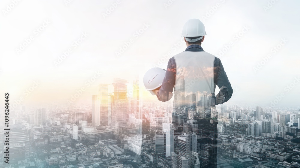 Double exposure of an engineer holding a white helmet with a cityscape background, representing urban planning, real estate development and REIT concepts Double exposure of an engineer holding a white helmet with a cityscape background, representing urban planning, real estate development and REIT concepts