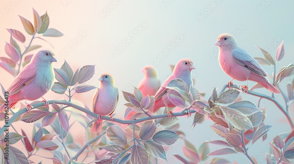 Charming floral branches with birds perched against a soft pastel background in a peaceful and elegant composition. Charming floral branches with birds perched against a soft pastel background in a peaceful and elegant composition.