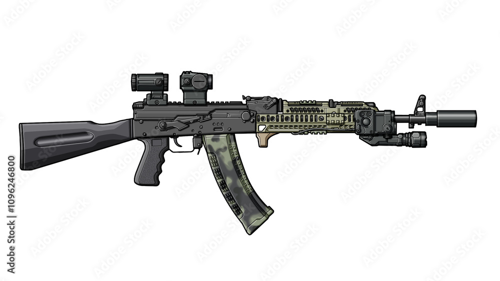 Upgraded AK 74 assault rifle with collimator sight, magnifier, tactical grip, stock, flashlight, laser sight module on white background Upgraded AK 74 assault rifle with collimator sight, magnifier, tactical grip, stock, flashlight, laser sight module on white background