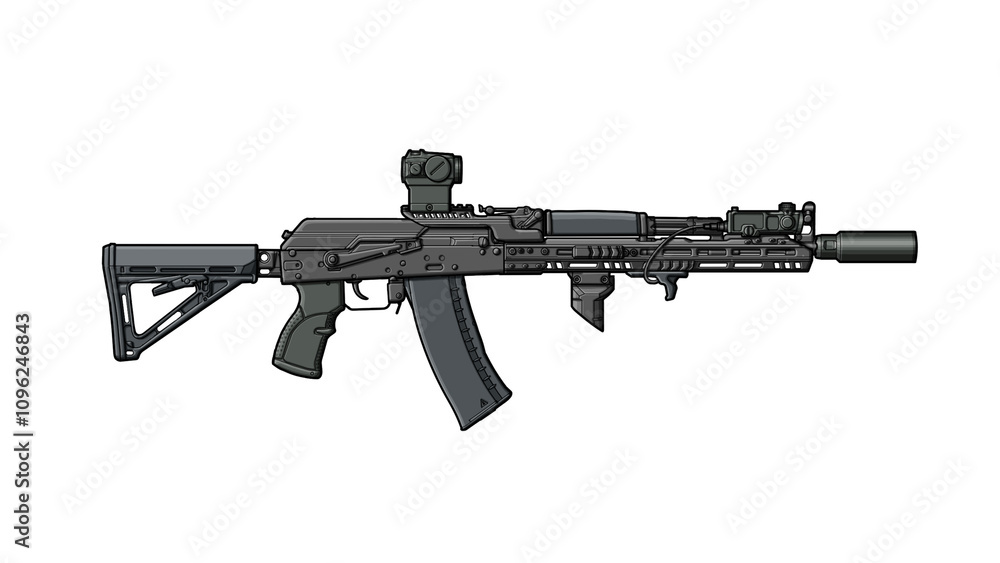 Upgraded AK 74 assault rifle with collimator sight, tactical grip, folding stock, laser sight module on white background Upgraded AK 74 assault rifle with collimator sight, tactical grip, folding stock, laser sight module on white background