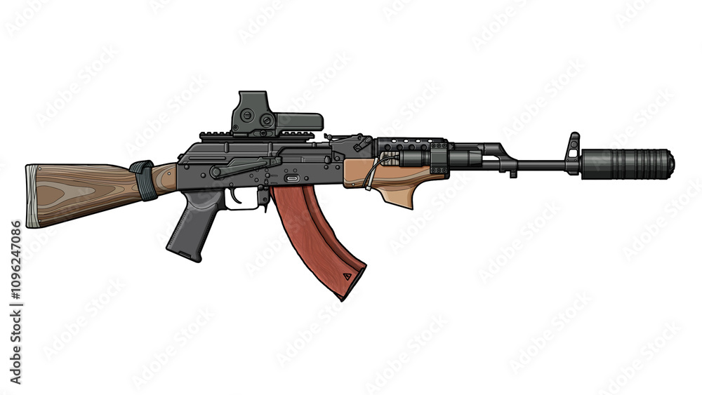 Upgraded AKM assault rifle with collimator sight, tactical grip, silencer, flashlight, wood stock on white background Upgraded AKM assault rifle with collimator sight, tactical grip, silencer, flashlight, wood stock on white background