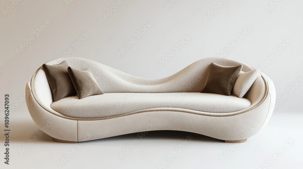 Stylish contemporary sofa with an elegant wave design and plush cushions, showcased against a minimalist white background in 3D rendering. Stylish contemporary sofa with an elegant wave design and plush cushions, showcased against a minimalist white background in 3D rendering.