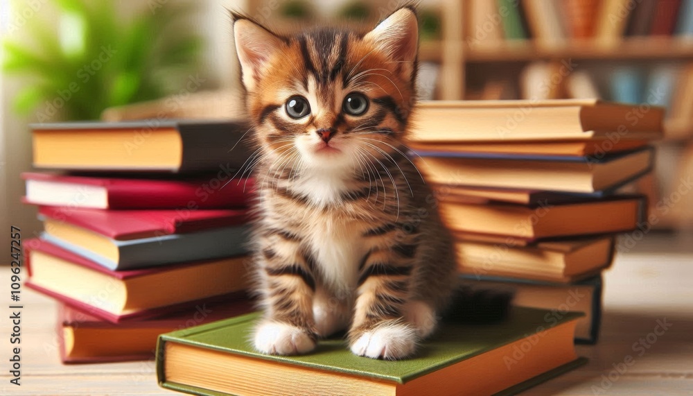 Small domestic striped kitten sitting on stack of books and looking around curiously. Pets Small domestic striped kitten sitting on stack of books and looking around curiously. Pets