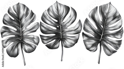 Three Monstrea Deliciosa Leaves in Black and White Pencil Sketch photo