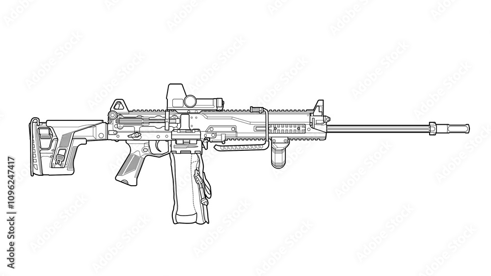 lineart line art of upgraded Russian rpl 20 machine gun with collimator sight, tactical grip, folding stock on a white background lineart line art of upgraded Russian rpl 20 machine gun with collimator sight, tactical grip, folding stock on a white background
