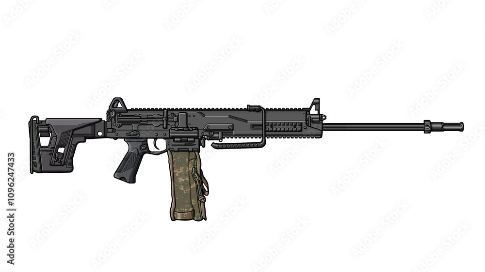 upgraded Russian rpl 20 machine gun with tactical grip, folding stock on a white background upgraded Russian rpl 20 machine gun with tactical grip, folding stock on a white background