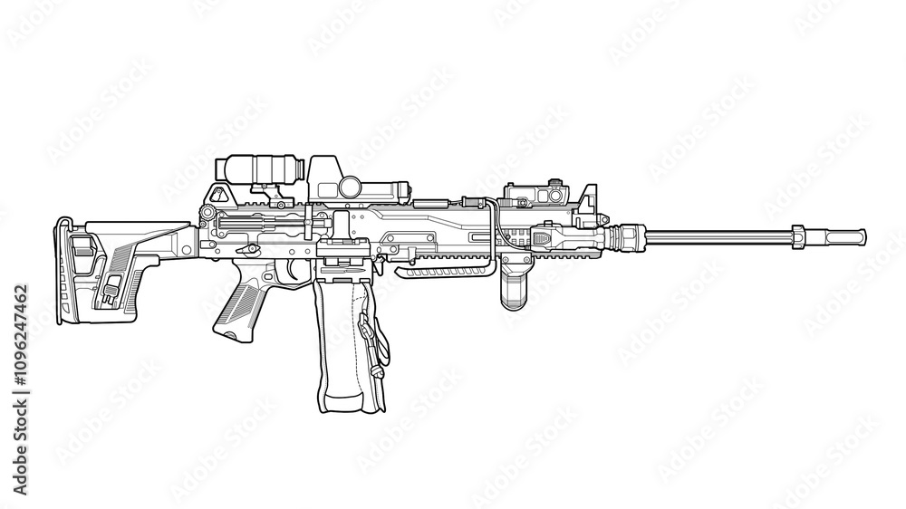 line art lineart upgraded Russian rpl 20 machine gun with collimator sight, tactical grip, folding stock, laser sight module and magnifier on a white background line art lineart upgraded Russian rpl 20 machine gun with collimator sight, tactical grip, folding stock, laser sight module and magnifier on a white background