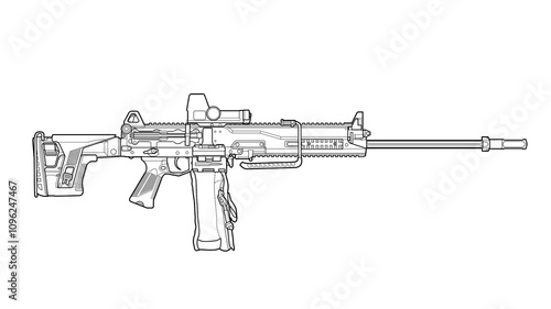 line art lineart upgraded Russian rpl 20 machine gun with collimator sight folding stock on a white background