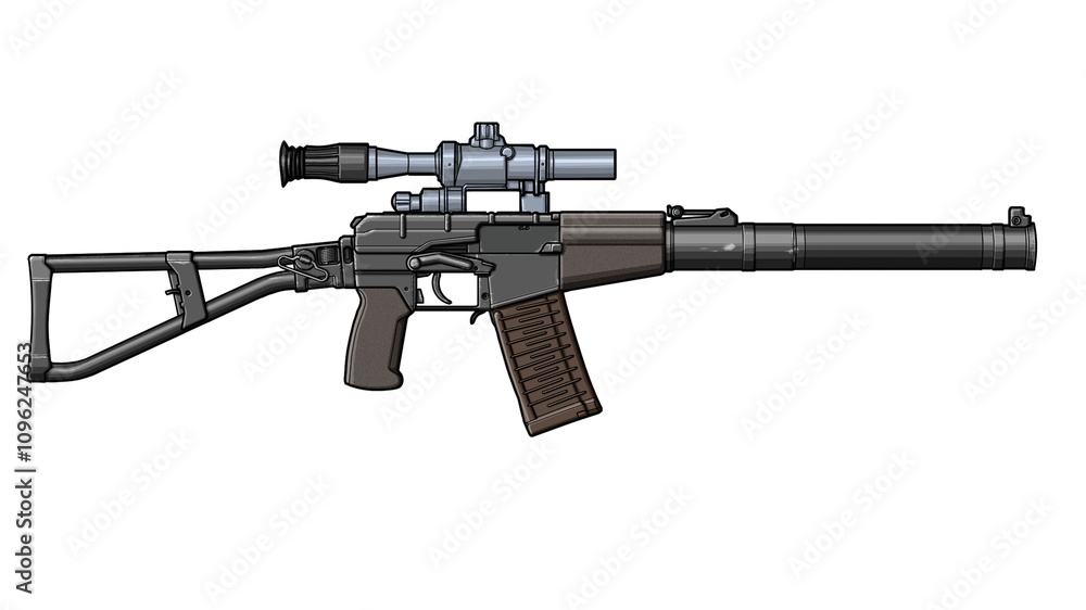 side view of russian val assault rifle with optical scope and folding stock on a white background side view of russian val assault rifle with optical scope and folding stock on a white background
