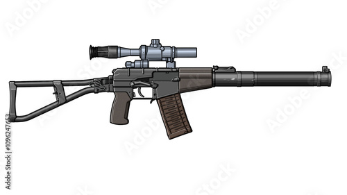 side view of russian val assault rifle with optical scope and folding stock on a white background