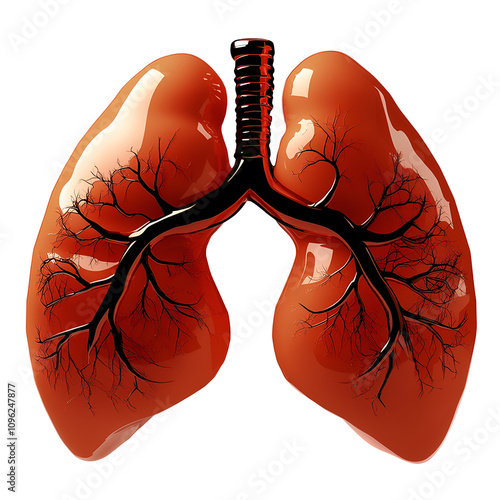 A decorative illustration of human lungs with bold red tones and stylized black bronchial tree branches. The glossy effect and artistic design make it suitable for use as an icon 