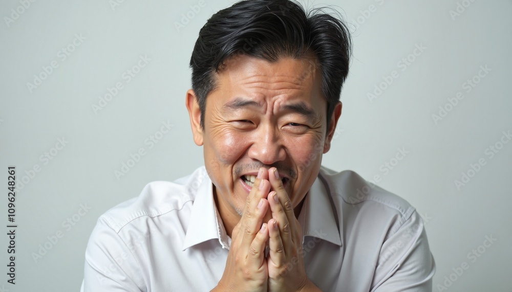 Man laughing with hands covering mouth, joyful expression Man laughing with hands covering mouth, joyful expression